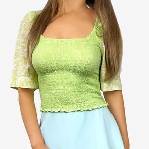 Free People Marigold Tee Size S Key Lime Green Cotton Blend Smocked Vibrant Boho